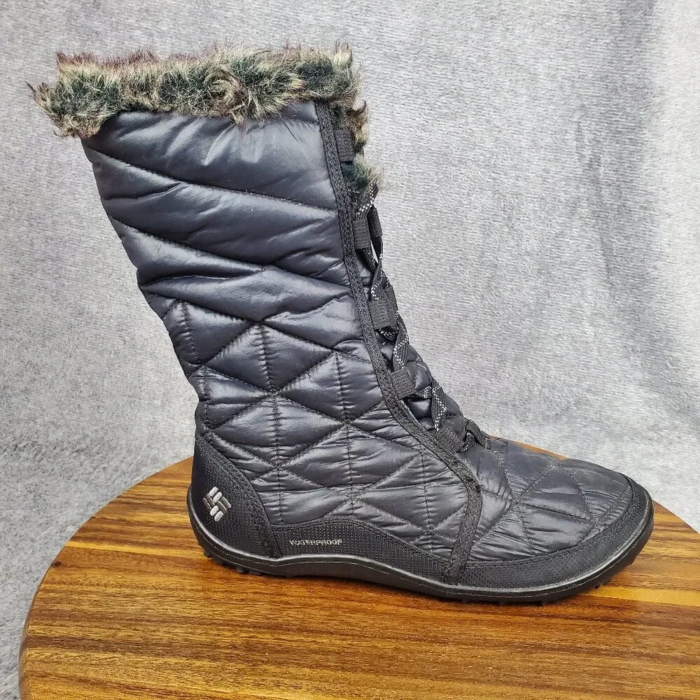 Columbia Minx Mid Snow Boots Women's 8 Black Quilted Faux Fur Snow Lace Up